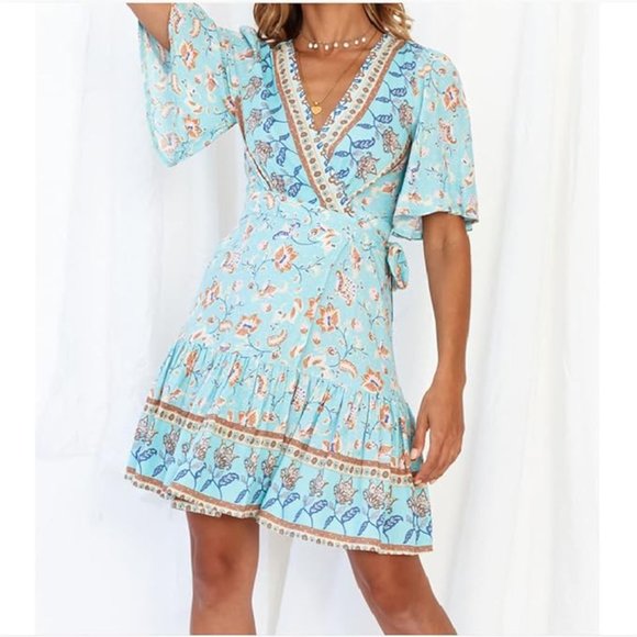 Ranlege Dresses & Skirts - Light Blue Multicolored Floral Short Sleeve V-Neck Boho Womens Wrap Tie Dress